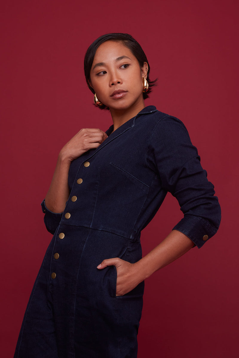 Midnight Denim Long-Sleeve Jumpsuit