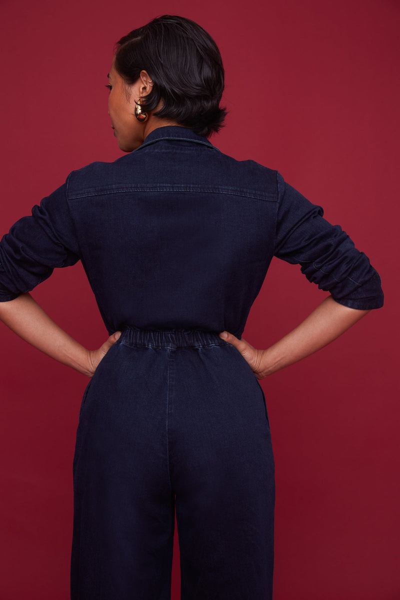 Midnight Denim Long-Sleeve Jumpsuit