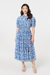 Leaf Print 1/2 Sleeve Midi Shirt Dress