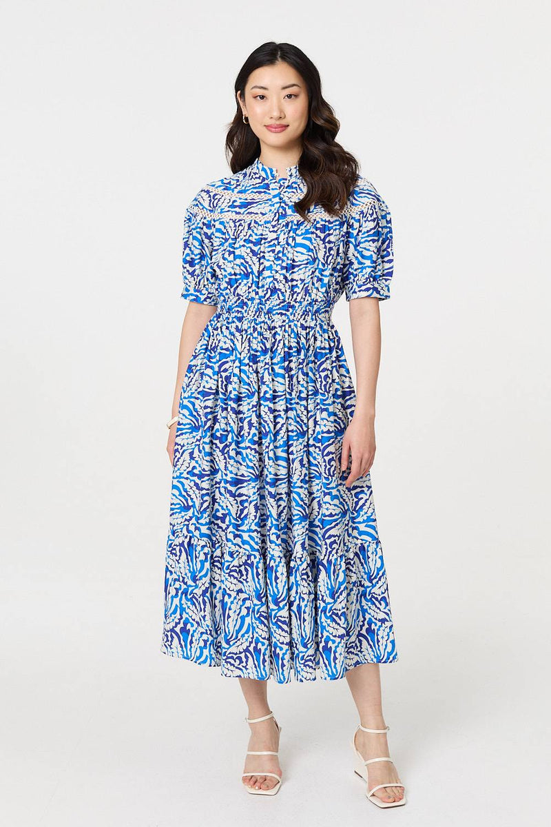 Leaf Print 1/2 Sleeve Midi Shirt Dress