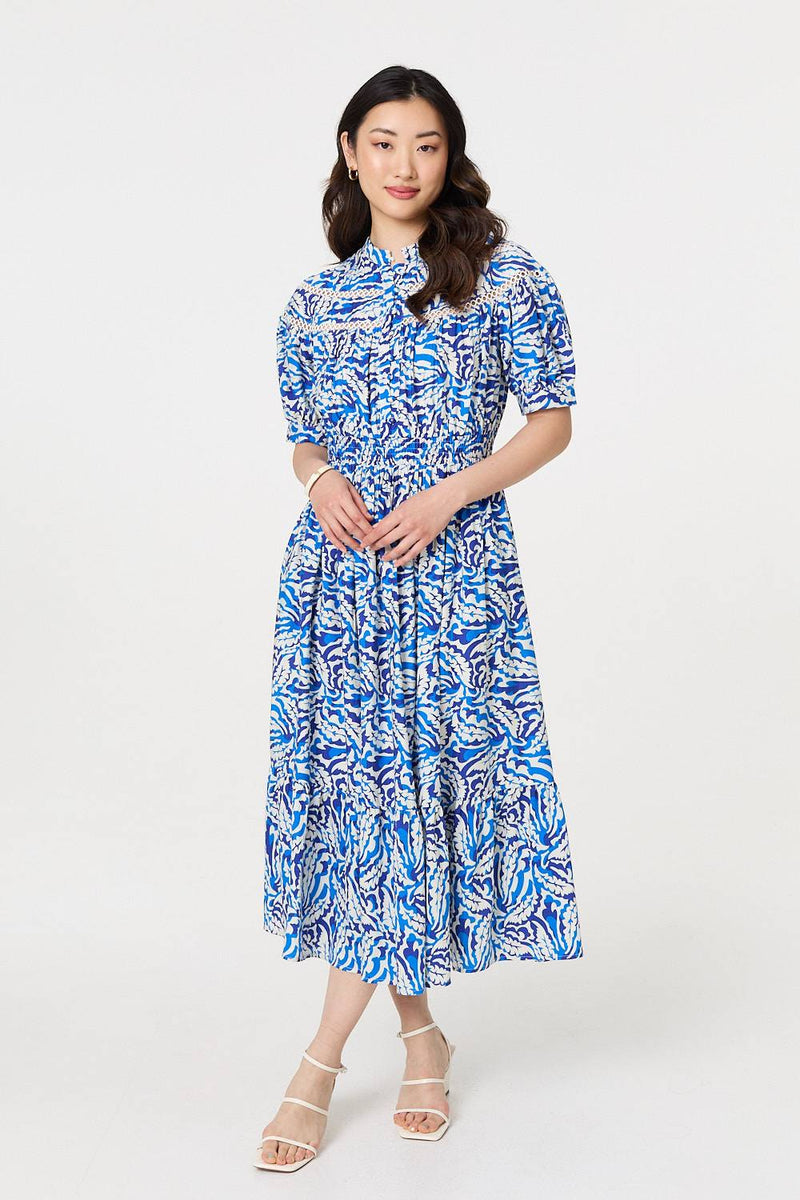Leaf Print 1/2 Sleeve Midi Shirt Dress