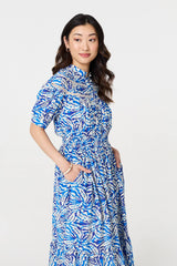 Leaf Print 1/2 Sleeve Midi Shirt Dress