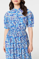 Leaf Print 1/2 Sleeve Midi Shirt Dress