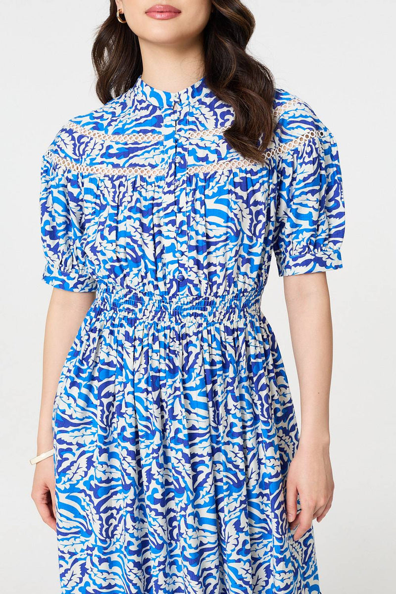 Leaf Print 1/2 Sleeve Midi Shirt Dress
