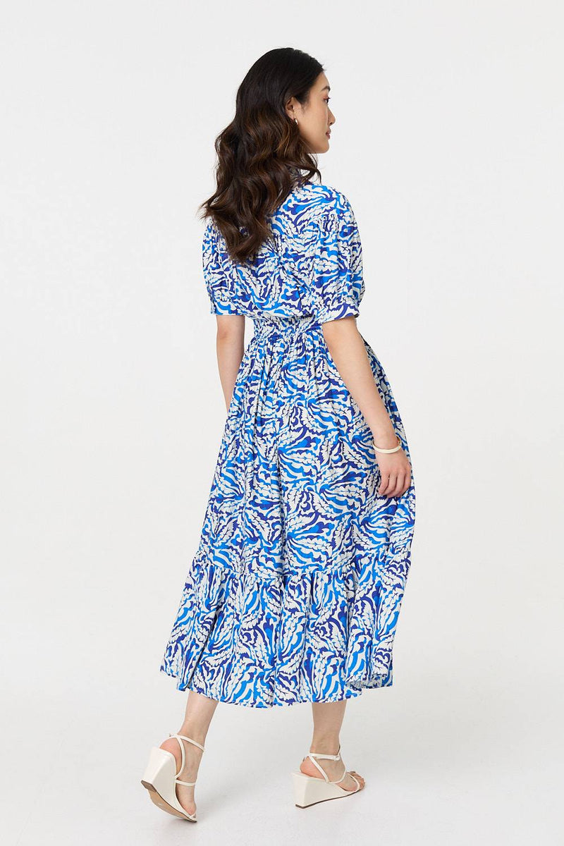 Leaf Print 1/2 Sleeve Midi Shirt Dress