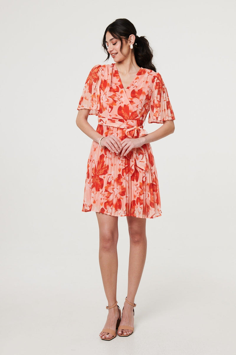 Floral Pleated Angel Sleeve Mini Dress