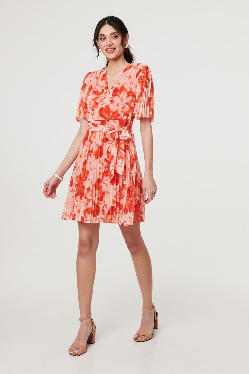 Floral Pleated Angel Sleeve Mini Dress