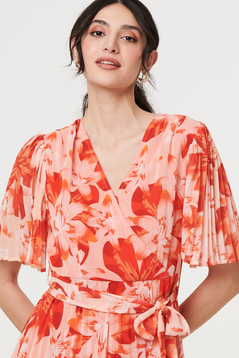 Floral Pleated Angel Sleeve Mini Dress