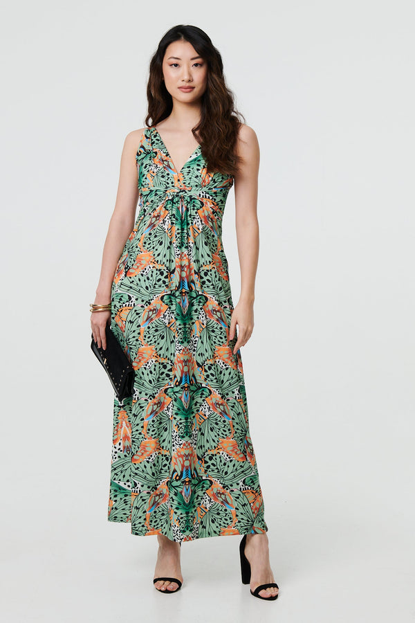 Butterfly Print V-Neck Empire Maxi Dress