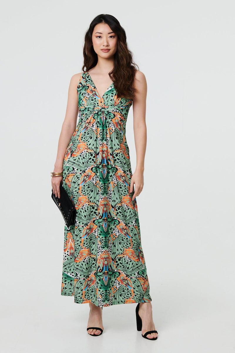 Butterfly Print V-Neck Empire Maxi Dress