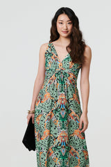 Butterfly Print V-Neck Empire Maxi Dress