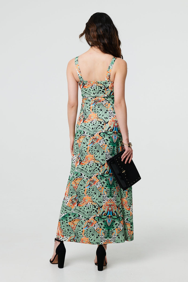 Butterfly Print V-Neck Empire Maxi Dress