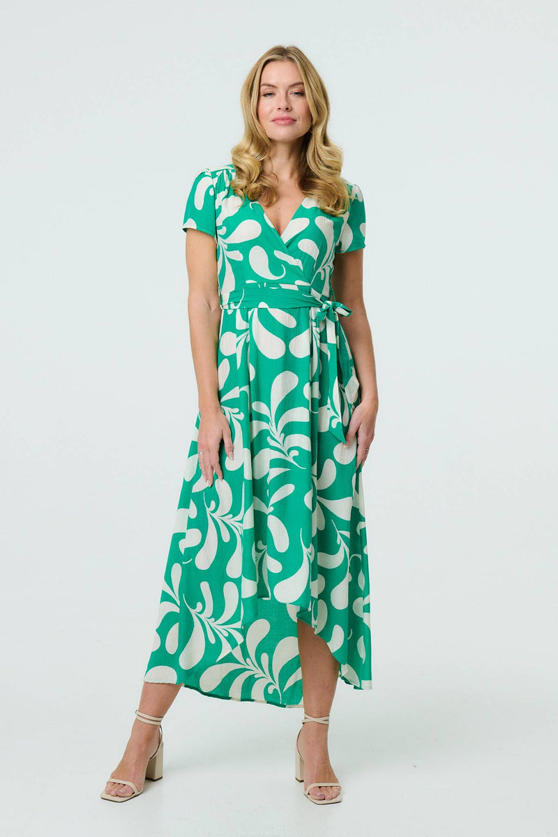 Printed Tie Waist Split Hem Midi Dress