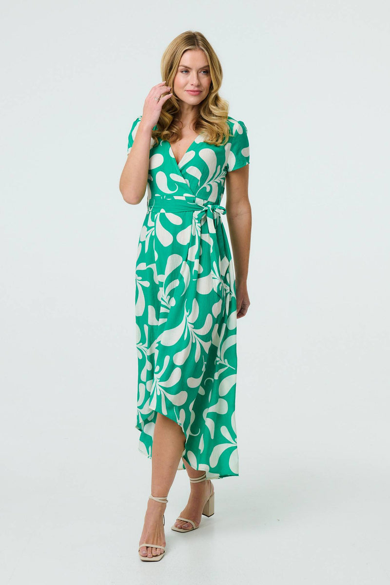 Printed Tie Waist Split Hem Midi Dress
