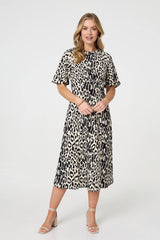Animal Print 1/2 Flare Sleeve Midi Dress