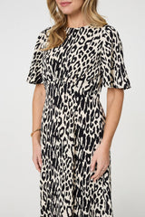 Animal Print 1/2 Flare Sleeve Midi Dress