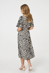 Animal Print 1/2 Flare Sleeve Midi Dress