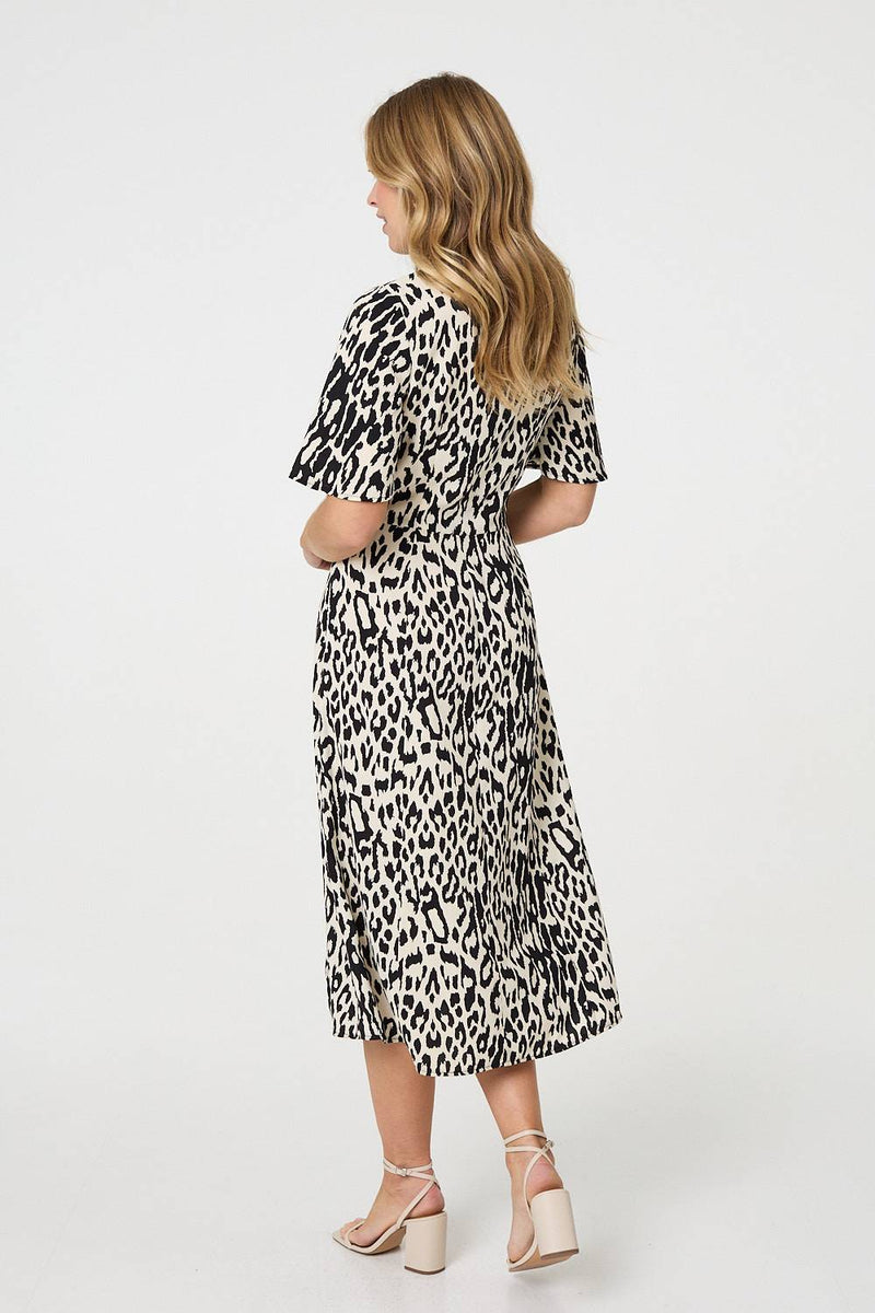 Animal Print 1/2 Flare Sleeve Midi Dress