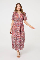 Printed 1/2 Sleeve Ruched Midi Dress