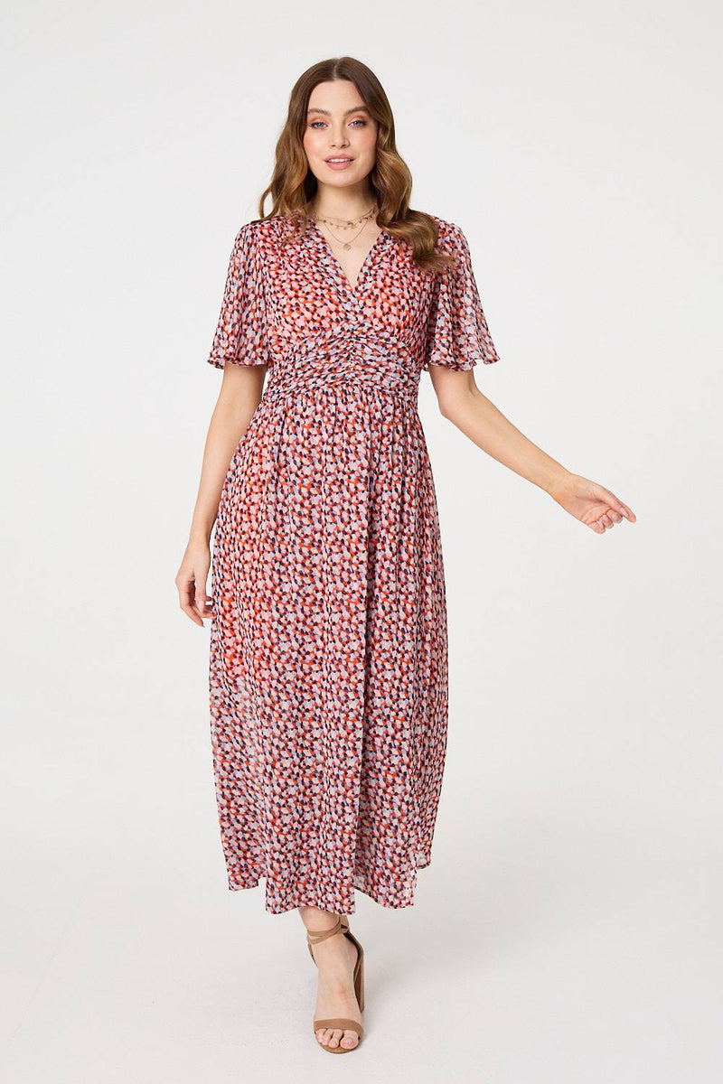 Printed 1/2 Sleeve Ruched Midi Dress