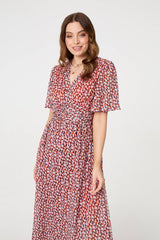 Printed 1/2 Sleeve Ruched Midi Dress