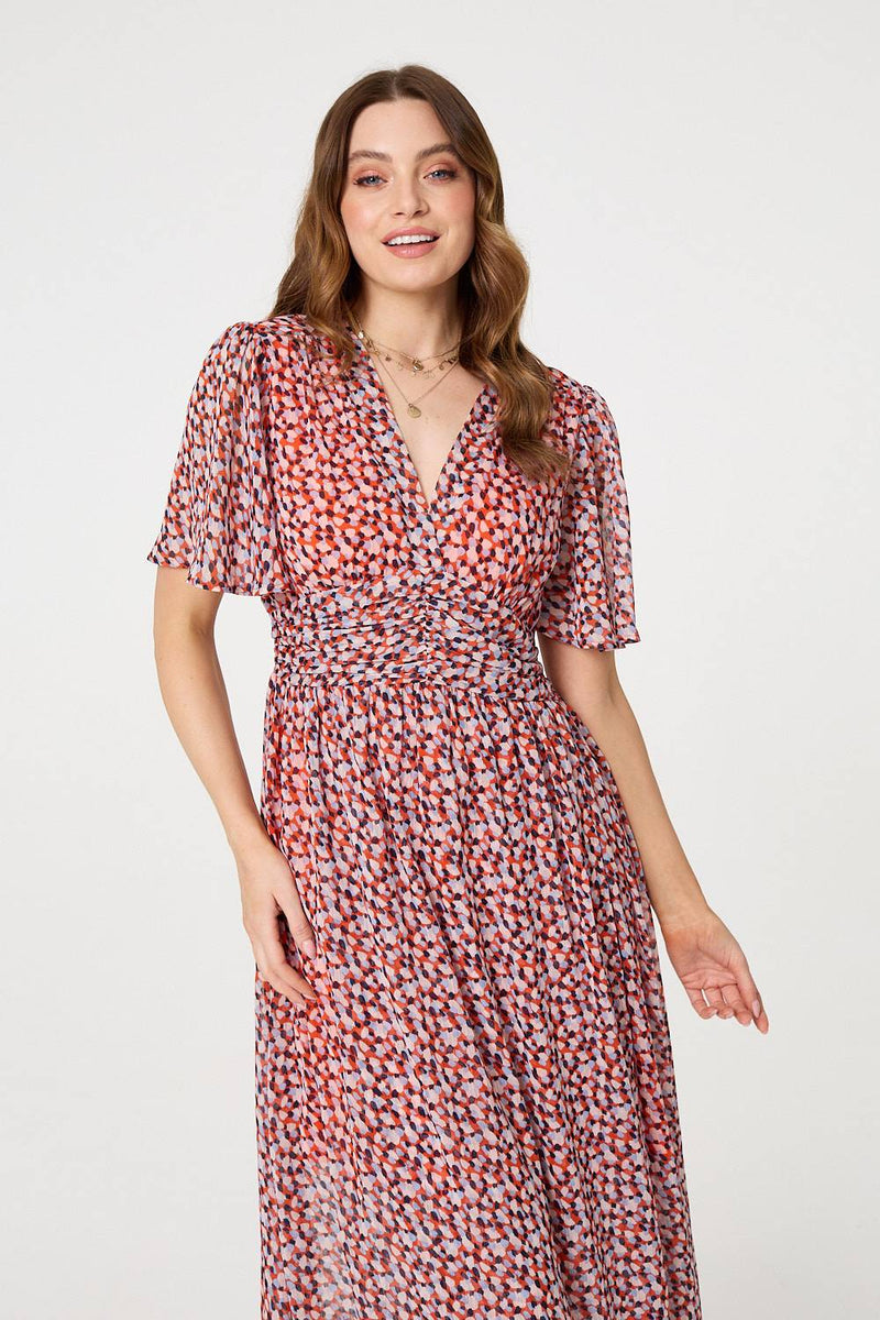 Printed 1/2 Sleeve Ruched Midi Dress