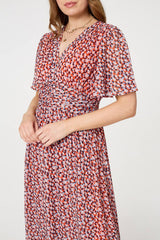 Printed 1/2 Sleeve Ruched Midi Dress
