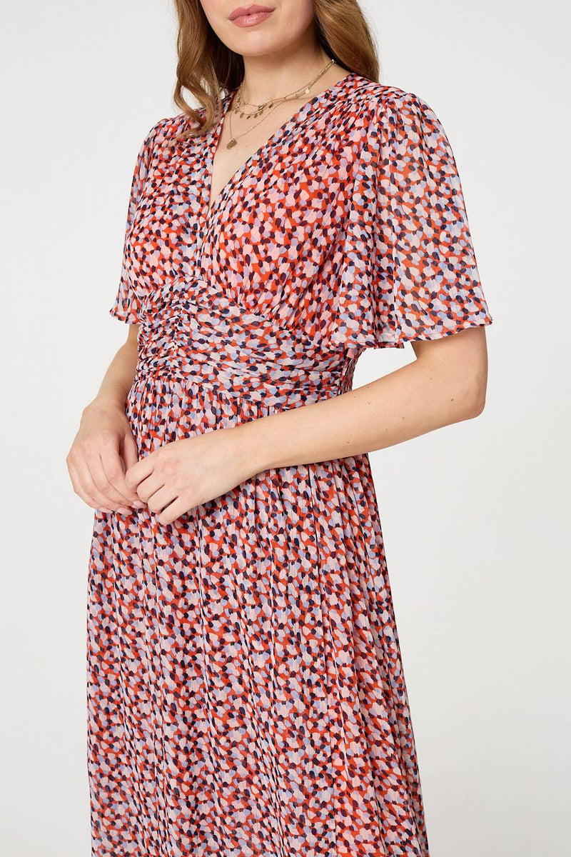 Printed 1/2 Sleeve Ruched Midi Dress