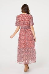 Printed 1/2 Sleeve Ruched Midi Dress