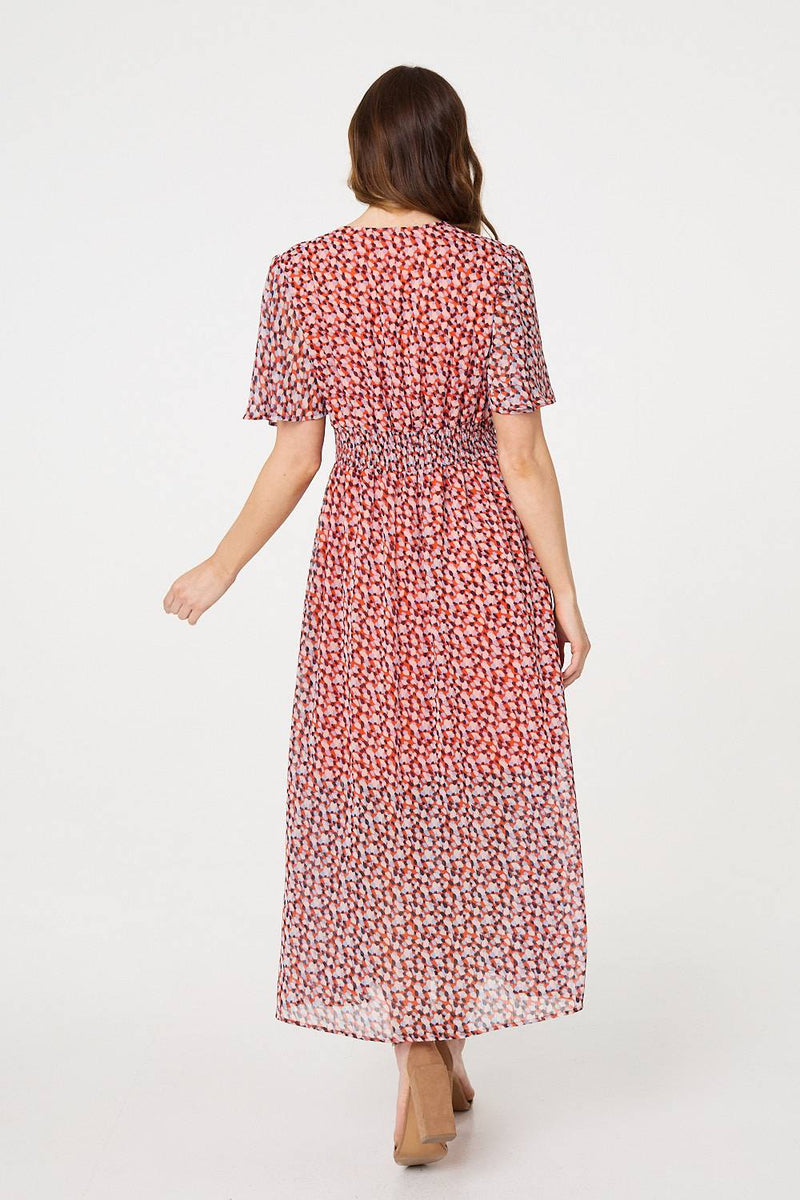 Printed 1/2 Sleeve Ruched Midi Dress