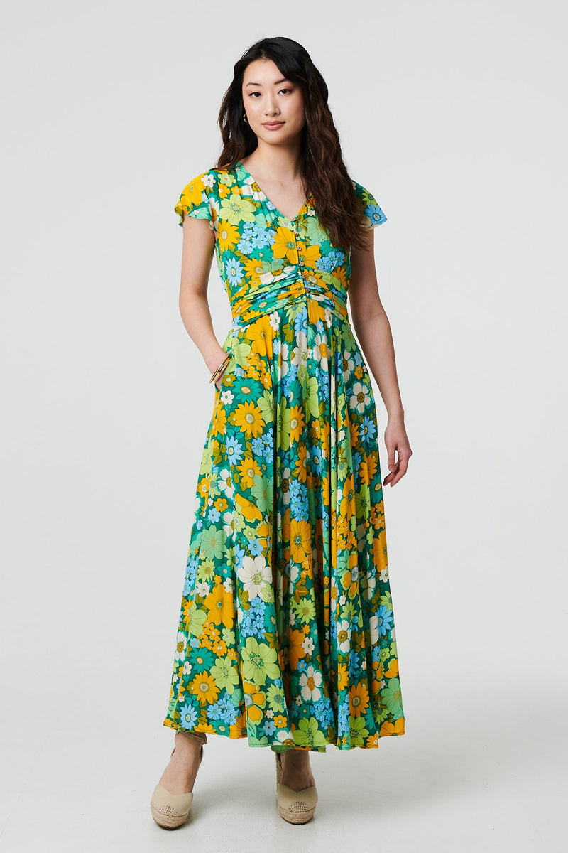 Floral Ruched Cap Sleeve Maxi Dress