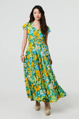 Floral Ruched Cap Sleeve Maxi Dress