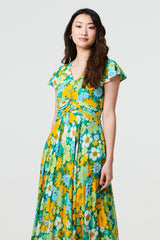 Floral Ruched Cap Sleeve Maxi Dress