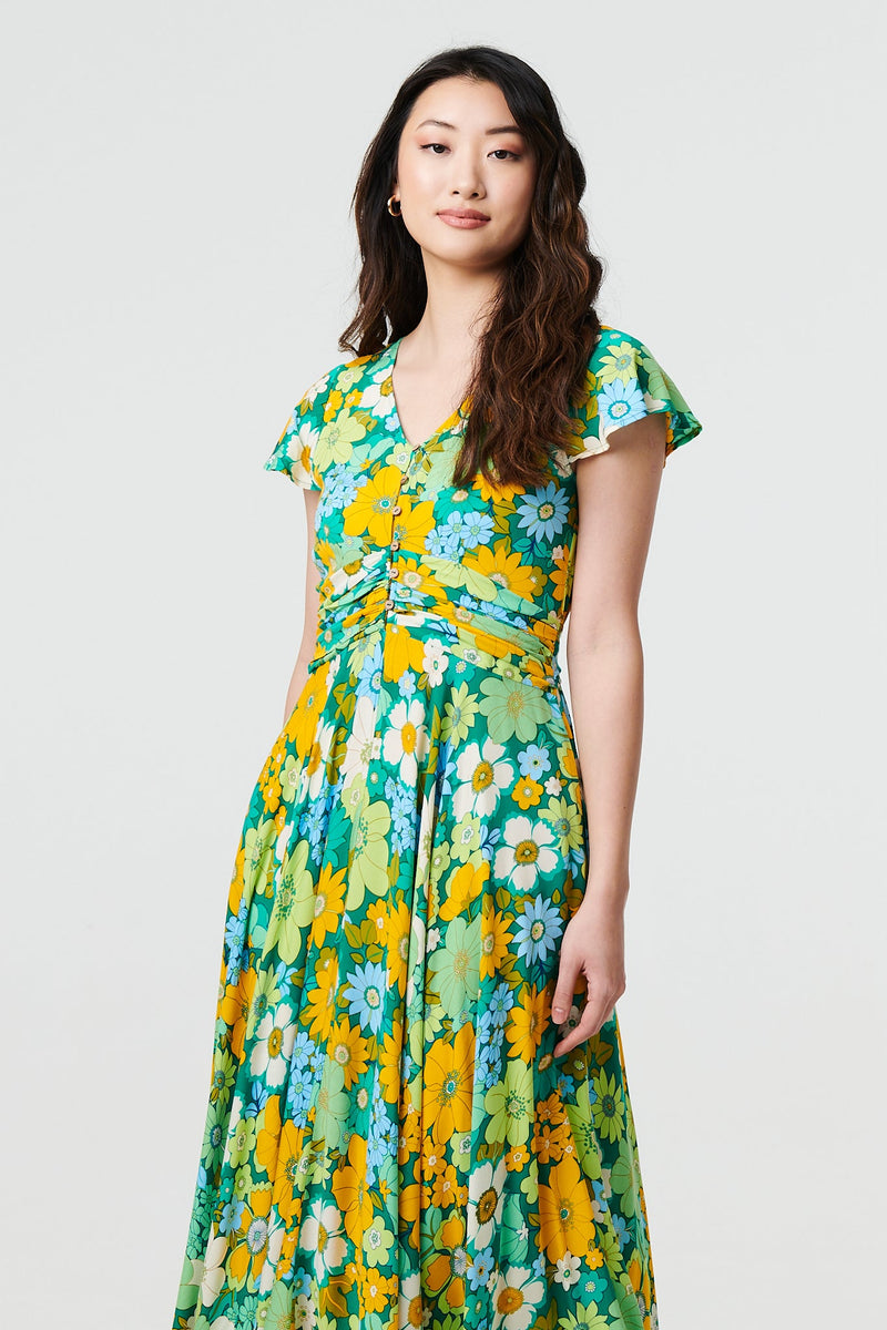 Floral Ruched Cap Sleeve Maxi Dress