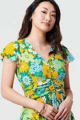 Floral Ruched Cap Sleeve Maxi Dress