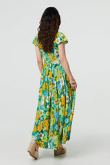 Floral Ruched Cap Sleeve Maxi Dress