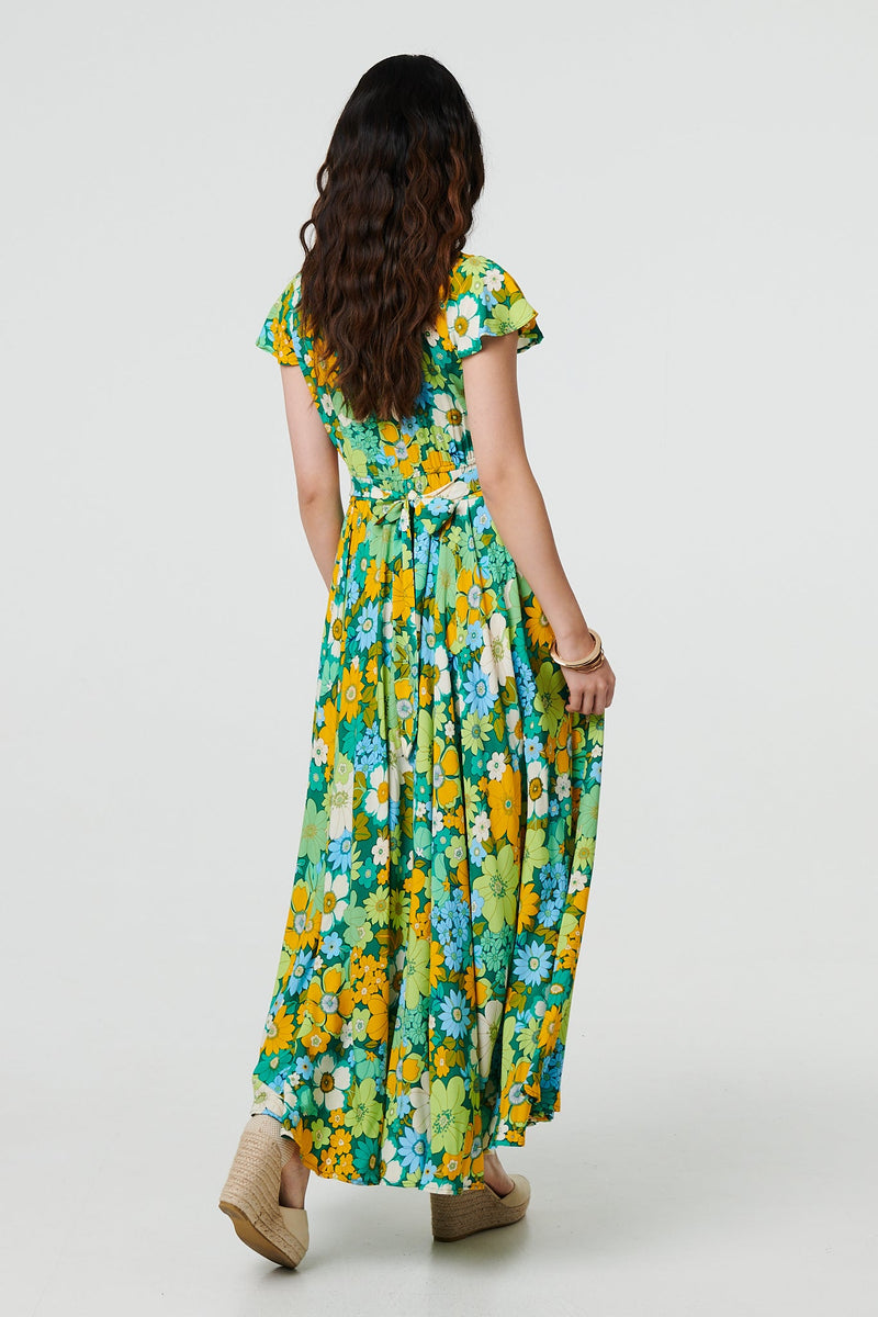 Floral Ruched Cap Sleeve Maxi Dress