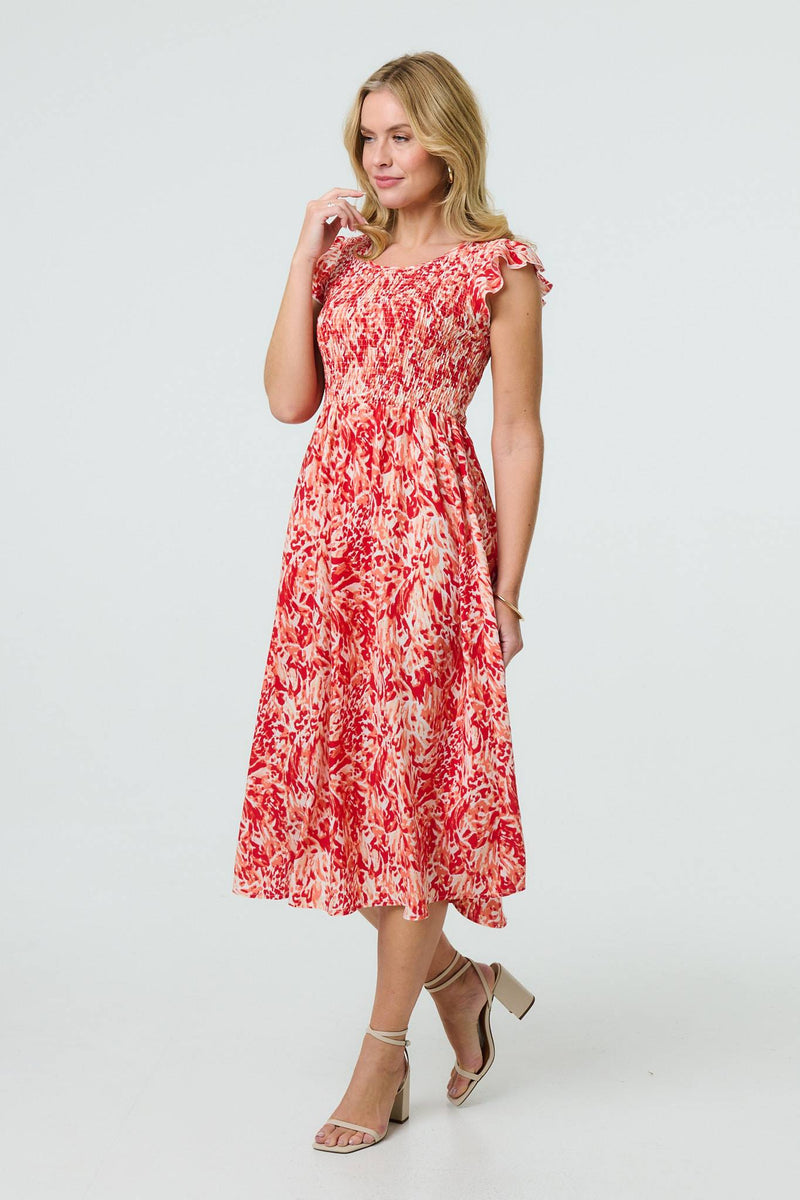 Floral Ruffled Cap Sleeve Midi Dress