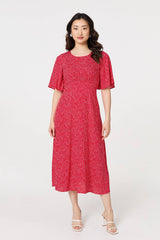 Polka Dot Print 1/2 Sleeve Midi Dress
