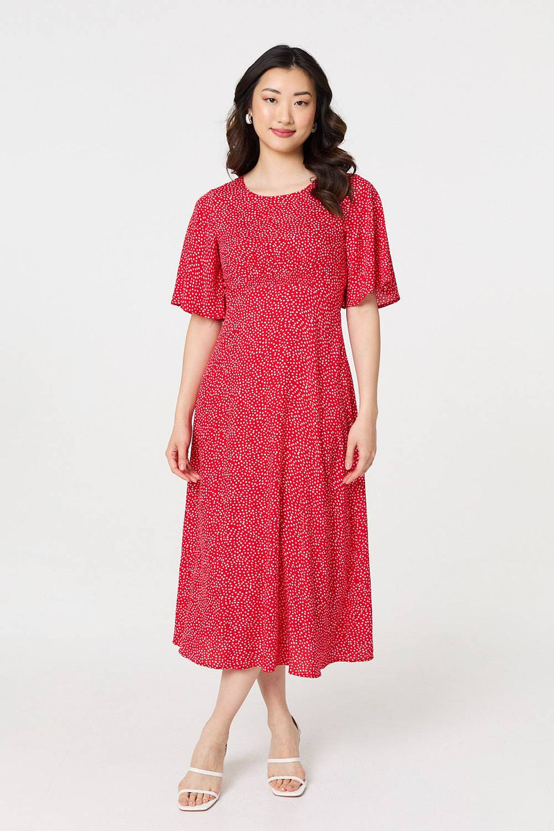 Polka Dot Print 1/2 Sleeve Midi Dress
