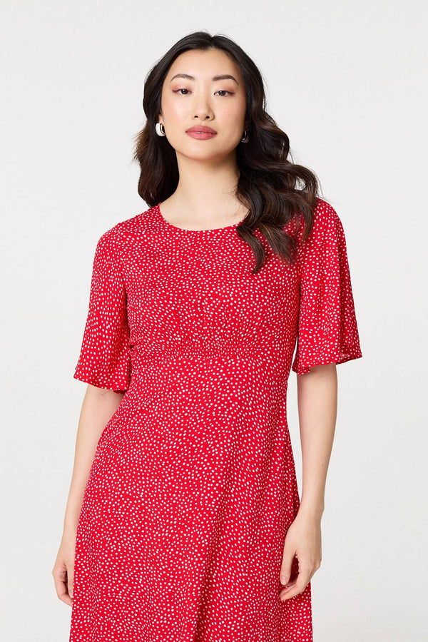Polka Dot Print 1/2 Sleeve Midi Dress