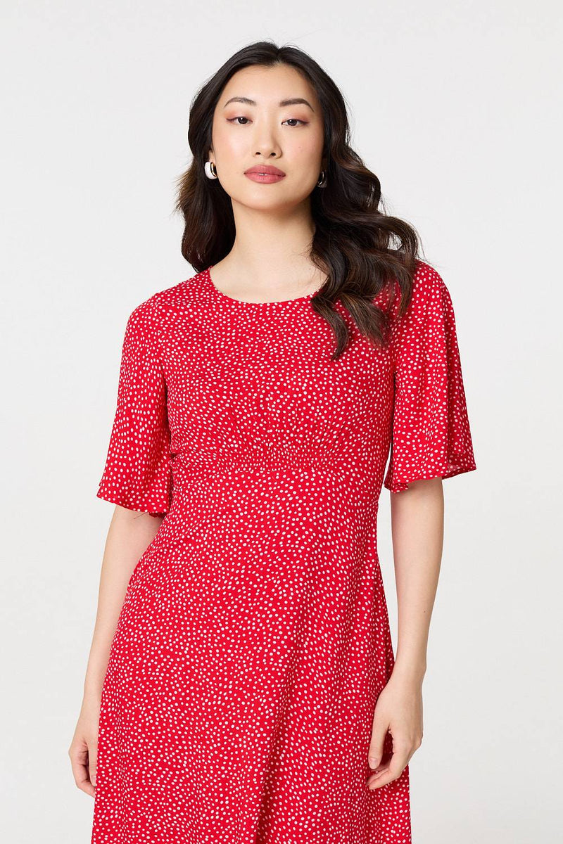 Polka Dot Print 1/2 Sleeve Midi Dress