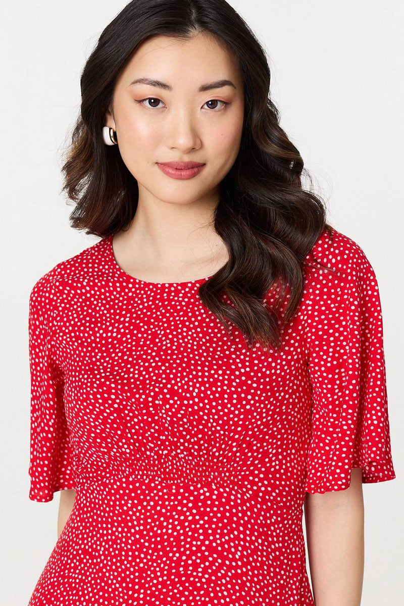 Polka Dot Print 1/2 Sleeve Midi Dress