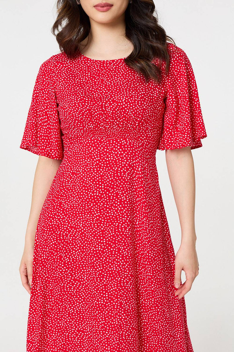 Polka Dot Print 1/2 Sleeve Midi Dress