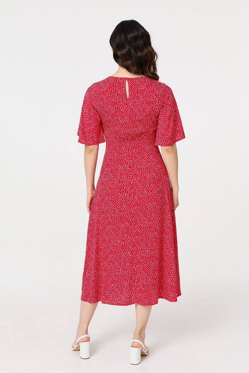 Polka Dot Print 1/2 Sleeve Midi Dress