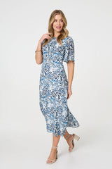 Animal Print Flared Sleeve Midi Dress