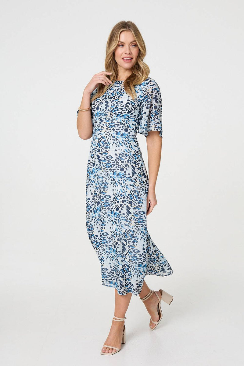Animal Print Flared Sleeve Midi Dress