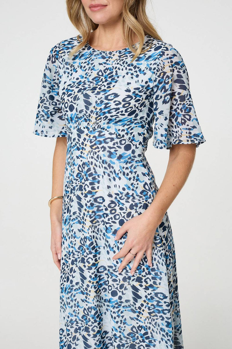 Animal Print Flared Sleeve Midi Dress