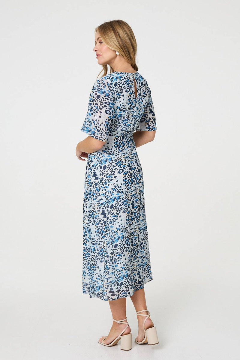 Animal Print Flared Sleeve Midi Dress