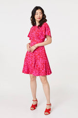 Printed Angel Sleeve Knee Length Dress